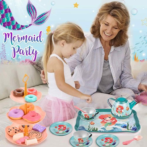 48pc Mermaid Tea Party Set for Little Girls,Birthday Gifts for Age 3 4 5 6 Year Old Girls,Pretend Tin Teapot, Cups, Plates,and Food Sweet Treats Playset for Princess Tea Time Play Kitchen Toys
