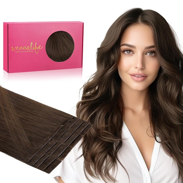 WENNALIFE Invisi Edge Tape in Hair Extensions Human Hair, 16 Inch 50g 20pcs Chocolate Brown Invisible Luxury Remy Hair Extensions Natural Seamless Injected Tape Ins Straight Extensiones De Cabello
