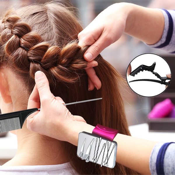 Magnetic Wristband for Hair Stylist, 10 Pieces Hair Braiding Tool with Edge ＆Teasing Brush, Rat Tail Comb ＆Alligator Clip, Braider Wristband for Black Hair, Silicone Sewing Pincushion (Rose Red)