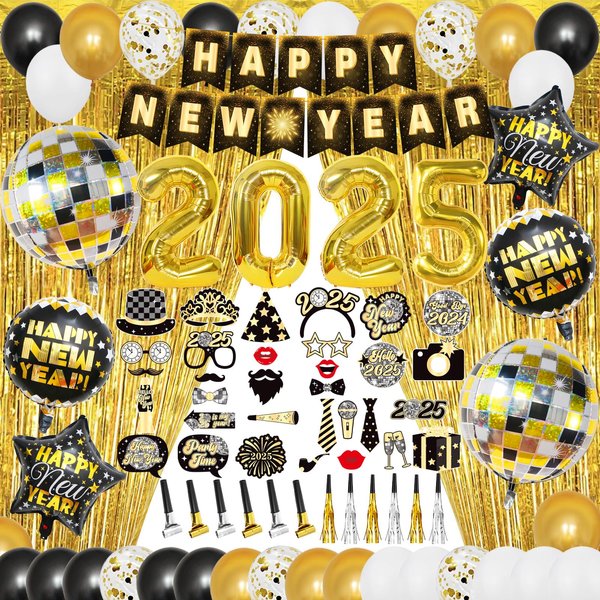 YQUQWN 84 PCS Happy New Years Party Decorations Set 2025, 4D Disco Ball New Years Eve Party Supplies, New Year Balloons, NYE Party Decorations Tassel Curtains, Happy New Year Decorations Supplies 2025