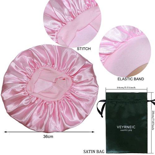 VEYRNEIC Hair Satin Bonnet for Sleeping Shower Caps Silk Chemo Caps with Wide Elastic Band Night Sleep Cap Bonnets for Black Women Braids with Satin Storage Bag (Pink)