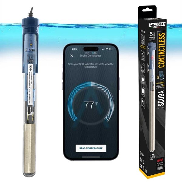 Sicce Scuba 400 Watt Aquarium Fish Tank Heater Smartphone Controlled via NFC Contactless App Adjustable | 400W Submersible for Marine Saltwater and Freshwater | Run Dry Protection