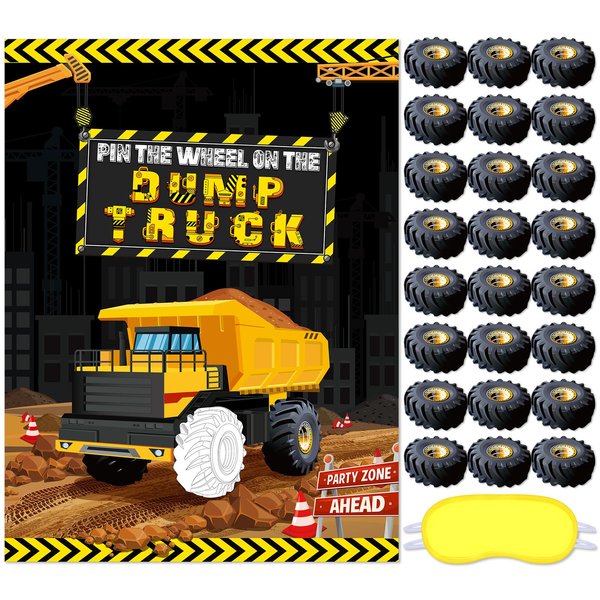 Faccito Construction Party Game Construction Birthday Party Supplies Pin the Wheel on the Dump Truck Game Construction Party Game Poster with 24 Pcs Stickers for Construction Party Decoration Supplies