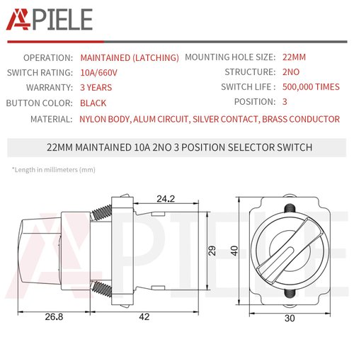 APIELE (Pack of 2) 22mm 3 Position Selector Switch Maintained 2NO XB2-20X/31 (3 Position Maintained)