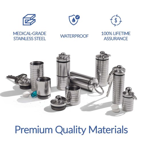Cielo Pill Holders - Petite Slim Single Chamber Keychain Pill Holder, Stainless Steel Pill Keychain Container, Waterproof Pill Case, Compact with Customizable Chambers, Stores 4 Aspirin-Sized Pills