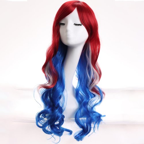 WTHCOS Mixed Red White Blue Long Curly Wavy Hair Wig With Slanted Bangs for Women Red White Blue Mixed Wig Heat Resistant Synthetic Hair Wigs for Daily Use Cosplay Wig With Wig Cap