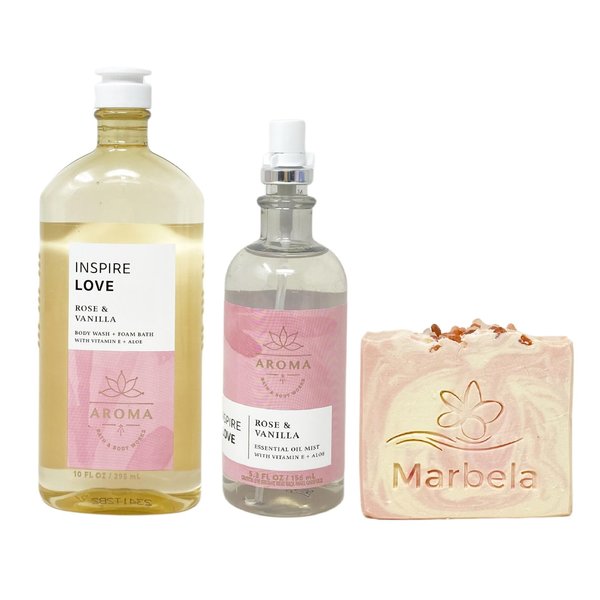 Bath & Body Works Aroma Inspire Love ROSE + VANILLA Essential Oil Mist and Body Wash + Foam Bath Set with a Himalayan Salts Springs Bar Soap - Full Size