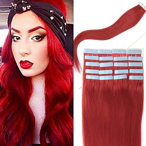 Yotty Hair Extensions Tape in Seamless Skin Weft Remy Human Hair (16Inch 10Pcs, Red)