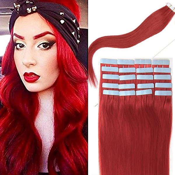 Yotty Hair Extensions Tape in Seamless Skin Weft Remy Human Hair (16Inch 10Pcs, Red)