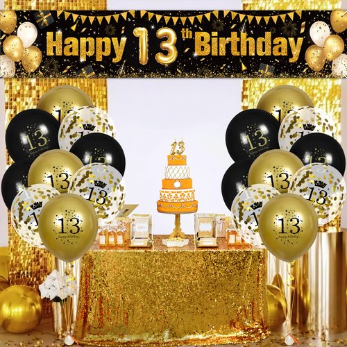 13th Birthday Decorations for Boys Girls Black and Gold Happy Birthday Yard Banner 18PCS 13th Birthday Confetti Balloons for Kids 13 Years Old Anniversary Birthday Party Supplies Outdoor Yard Decor