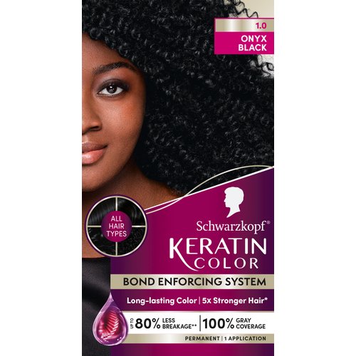Schwarzkopf Keratin Color Permanent Hair Color, 1.0 Black Onyx, 1 Application - Salon Inspired Permanent Hair Dye, for up to 80% Less Breakage vs Untreated Hair and up to 100% Gray Coverage