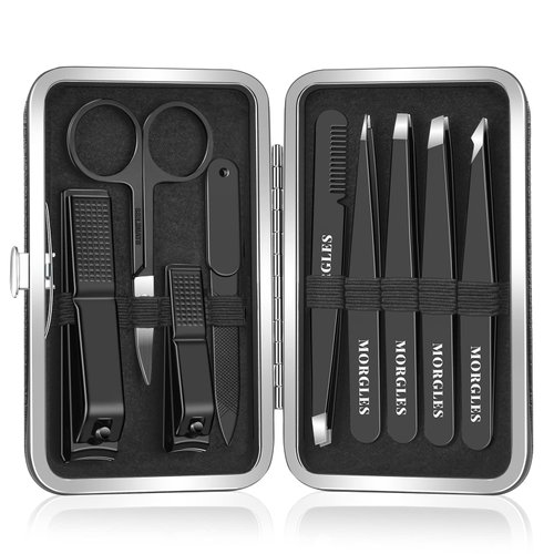 Tweezers Set and Nail Clippers, Tweezers Set for Men, MORGLES 9PCS Professional Stainless Steel Tweezers No Gaps with Leather Travel Case