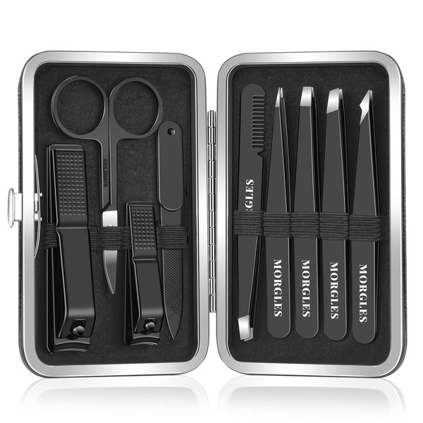 Tweezers Set and Nail Clippers, Tweezers Set for Men, MORGLES 9PCS Professional Stainless Steel Tweezers No Gaps with Leather Travel Case