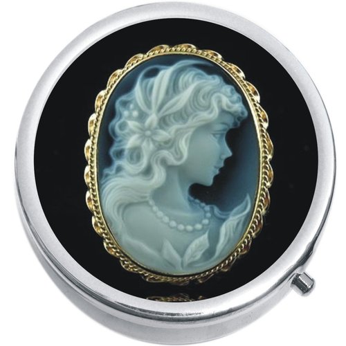 Black and White Cameo Medicine Vitamin Pill Box - portable pillbox case fits in purse or pocket