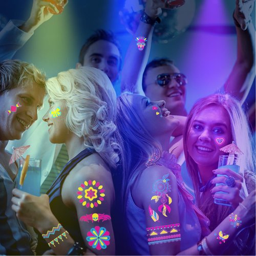Temporary Tattoos 170 Neon UV Blacklight Reactive Glow in The Dark Tattoos, Adult Kids Body Face Arm Fake Tattoos, Blacklight Neon Party Decorations, Glow in The Dark Party Supplies, Rave Accessories