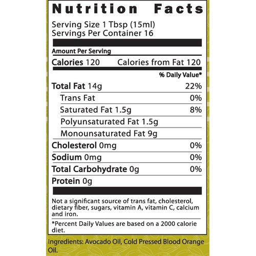 Pacifica Culinaria COLD PRESSED Extra Virgin Avocado Oil Made in USA 8.5 fl oz (250ml)Bottle (Blood Orange Avocado Oil)