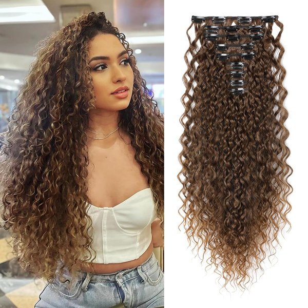 FLUFYMOOZ 9PCS Clip in Hair Extensions 22 Inch Curly Hair Extension Long Soft Synthetic Hairpieces for Women (Dark Brown to Caramal Brown)
