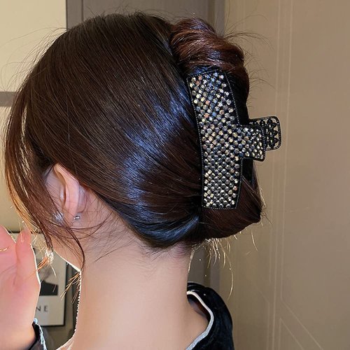 Wiwpar Sparkly Rhinestone Bead Hair Claw Clips Black Hair Clips Crystal Bead Hair Jaw Clips Hair Clasps Barrettes Nonslip Gift Party Halloween Hair Accessories for Women Girls Thick Hair
