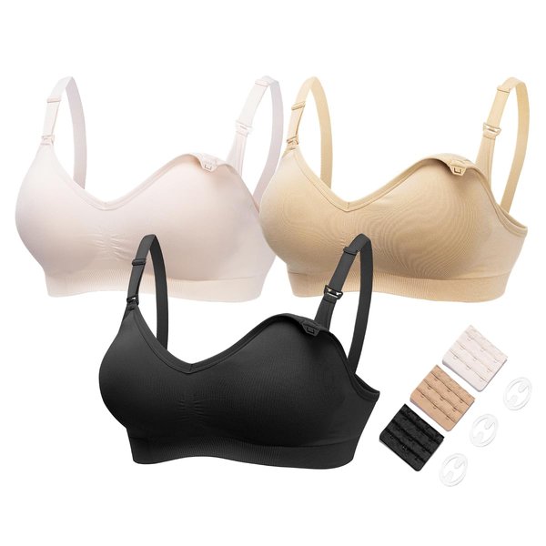 HOFISH Women's Plus Size Wireless Breastfeeding Nursing Bras, 3pcs/Pack (Push Up:Pink-Black-Beige), Medium
