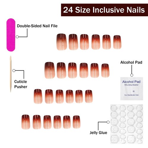 Brown Chrome Press on Nails Medium Square SWEKKE French Tip Fake Nails Brown Obrem False Nails Full Cover Stick on Nails Mirror Glossy Glue on Nails Acrylic Nails for Women Girls 24Pcs