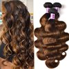 UNice Brown Highlight Body Wave Human Hair Weave 3 Bundles 18 20 22 inch, Brazilian Remy Hair Ombre Blonde Human Hair Wavy Weaves Sew in Piano Color TFB30