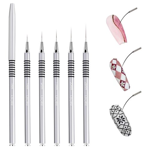 5pcs Nail Art Liner Brushes,Liner Brush For Nails,Nail Art Brush For Long Lines,Thin Details,Fine Drawing,Liner Brush UV Gel Polish Painting Nail Design Sizes 7/9/11/20/25mm(Silver)