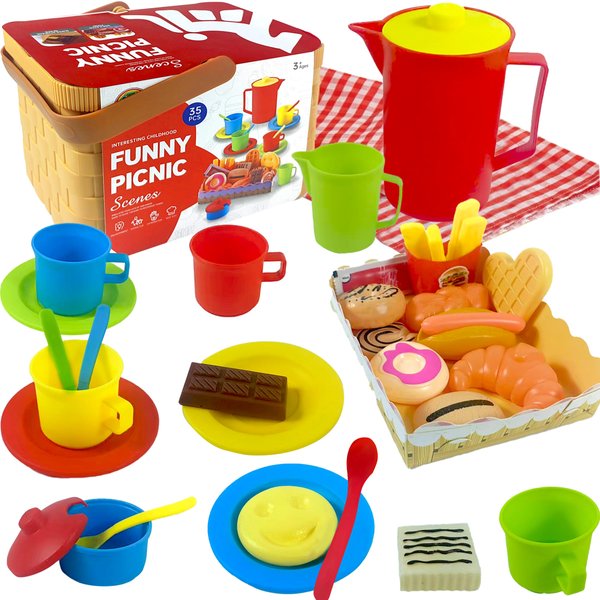 Kids Picnic Basket Toy - Tea Party Set Pretend Play Kitchen Accessories with Fake Food , Mat, Plastic Tea Cup Set, Toddler Toys for Girls and Boys Age 3 4 5 , Ideal for Imaginative Playtime