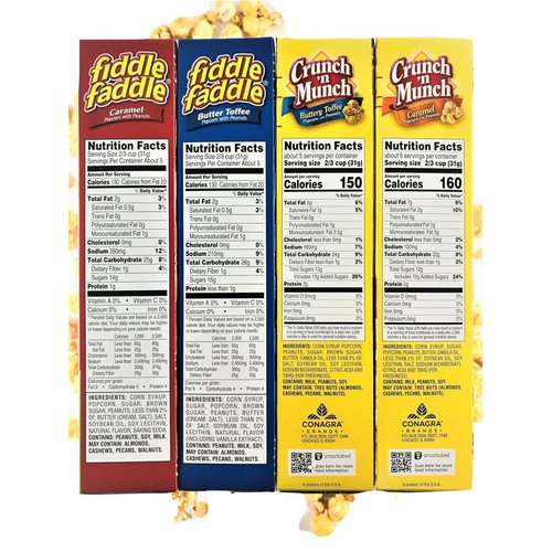Crunch n Munch, Fiddle Faddle Ideal Variety 4 Pack - 2 Crunch n Munch (Caramel and Buttery Toffee) Plus 2 Fiddle Faddle (Butter Toffee and Carmel)| A Box of Each Popcorn Snack Flavor (4 Boxes)