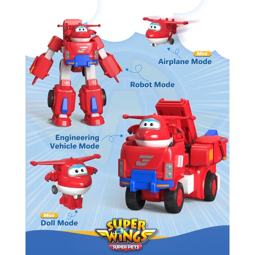 Super Wings Jett 7" Tall Superwings Jett Robot Suit and 2” Scale Transforming Jett Mini Figure , Transforming Robot & Transforming Fire Truck Toy Vehicle Playset, Gifts for Boys Girls Kids Child