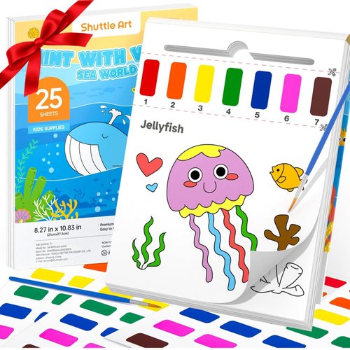 Shuttle Art Paint with Water Coloring Book for Kids, 25 Sea World Themed Pages with 2 Brushes, Mess-Free Watercolor Paint Set, Travel-Friendly Art Craft Gift for Toddlers, Birthday Christmas Gift
