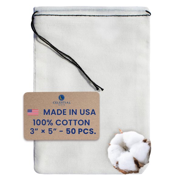 Celestial Gifts Muslin Bags - Drawstring Bags Small 50pcs - 3x5, Reusable Tea Bags, Jewelry Gift, Spice and Cotton Gift Sachet Bags - 100% Cotton - Made in USA - (Black Hem & Drawstring)