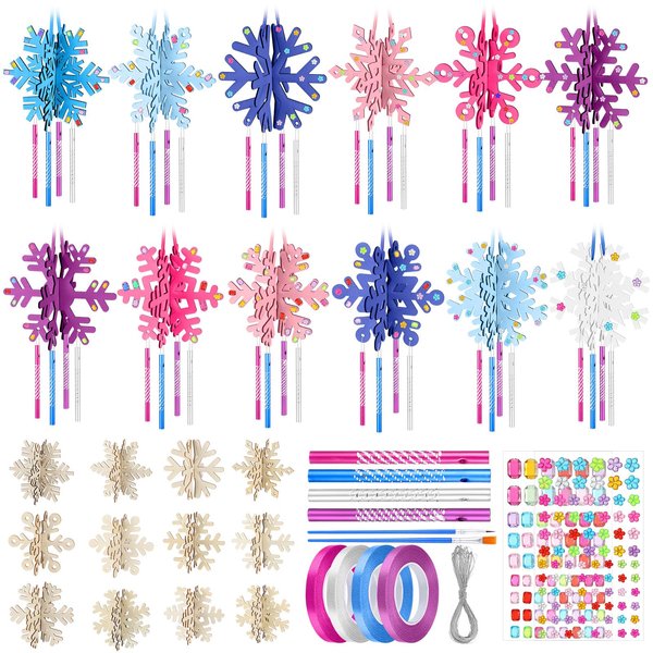 MiniInflat 36 Sets Winter Snowflakes Wind Chime Kit Make Your Own Wind Chime Christmas Wooden Arts and Crafts DIY to Paint Snowflake Craft Kit for Girls Boys Making Kit Party Supplies