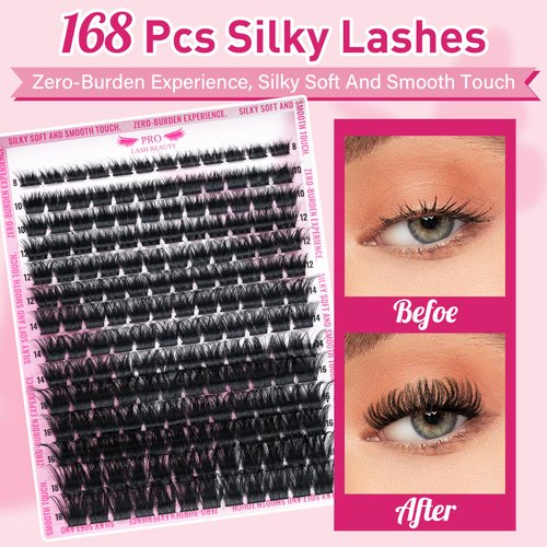 Lash Extension Kit 168 Pcs Individual Lashes Soft Cluster Lashes with Lash Bond and Seal Lash Remover Lash Applicator Eyelash Extension Kit Easy to Apply at Home(Considerate,D-8-18mix Kit)