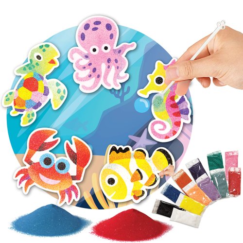 VHALE Peel and Stick Magnetic Sand Art Board, 5 MDF Sand Art Sets with Non Scratch Magnets, Peel, Sprinkle and Stick Designs, 12 Sand Colors, Fridge Decor, Kids Party Favors (Sea Life)