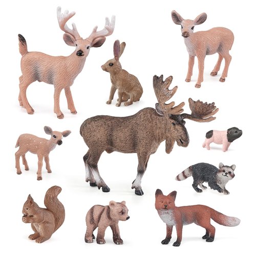 Realistic Wild Life Jungle Animal Figures Playsets 10 PCS White-Tailed Deer Squirrel Red Fox Rabbit Raccoon Pig Brown Bear Figurine Statue Party Favors Supplies Boys for Girls Kids