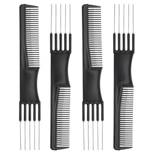 Gjinxi 4Pcs Black Combs with Metal Prong, Carbon Lift Teasing Combs with 5 Stainless Steel Pins, Teasing Comb with Metal Pick Combs for Women, Salon Teasing Back Combs for Hair Styling