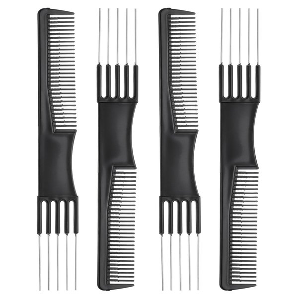 Gjinxi 4Pcs Black Combs with Metal Prong, Carbon Lift Teasing Combs with 5 Stainless Steel Pins, Teasing Comb with Metal Pick Combs for Women, Salon Teasing Back Combs for Hair Styling