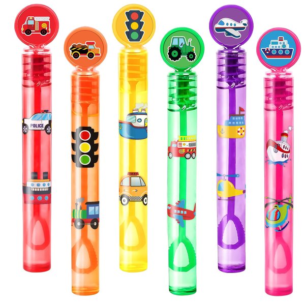 24PCS Transportation Vehicle DIY Bubble Wands Party Favors 96PCS Stickers for Goodie Bag Fillers Pinata Stuffers, Mini Bubble Bulk Birthday Party Supplies Toys Class Prizes for Toddlers Boys