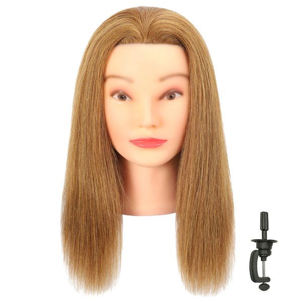 FUTAI Tan 100% Human Hair Mannequin Head with Table Clamp Stand for Hairdresser Practice Braiding Styling Manikin Cosmetology Doll Training Head Coloring Bleaching Dyeing Curling Cutting Updos Display