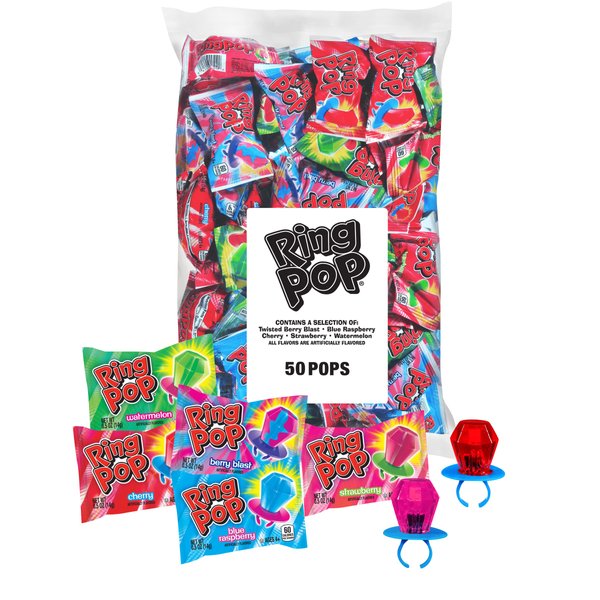 Ring Pop Bulk Easter Candy Lollipop Variety Party Pack - 50 Count Lollipops w/ Assorted Flavors - Candy For Party Favors, Easter Candy Bags, Easter Basket Stuffers, Gift Exchange