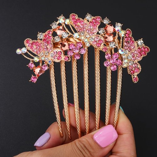Chargances Butterfly Luxury Crystal Hair Comb Boho Shiny Flower Hair Comb Bridal Wedding Pink Rhinestone Hair Side Combs Hair Accessories Headpiece for Women and Girls (Pink)