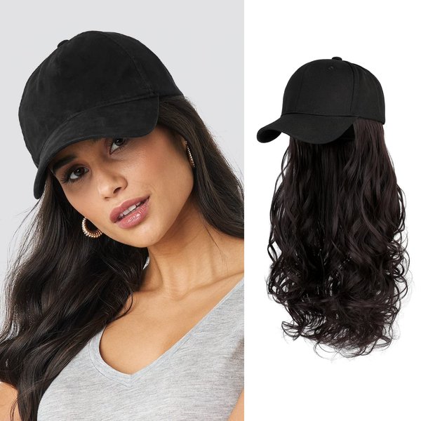 AynnQueen Baseball Cap with Detachable Hair Extensions for Women 21 inch Long Wavy Synthetic Hair with Adjustable Hat Wig Attached Black Baseball Cap (Dark Brown)