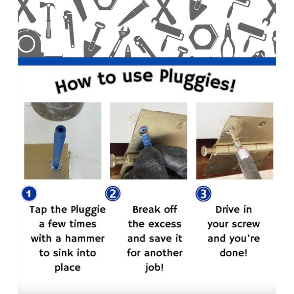 Screw Holes from Stripped to gripped in Seconds with Pluggies Multi use Wall Anchors from Shark Toolers, 12 or 36pcs. Made in The USA. Suitable with Wood Screws Sizes #2- #18.