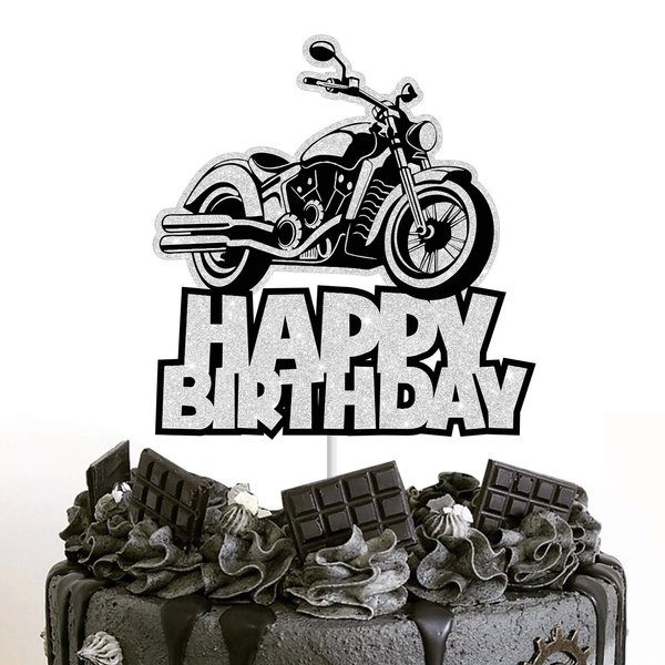 Motorcycle Cake Topper Happy Birthday Silver Flash Decoration boy girl party Decora Supplies