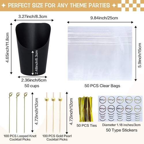 50 Sets 14oz Disposable Charcuterie Cups with 200 Sticks, 50 Bags & 50 Stickers | Eco-Friendly Snack Holders for French Fries, Fruits, Desserts | Birthday Wedding Party Supplies （black）