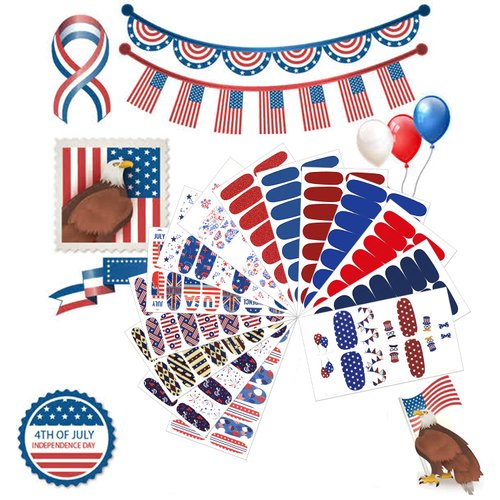 JERCLITY 14 Sheets 4th of July Nail Wraps Independence Day Nail Polish Strips Patriotic Nail Wraps American Flag Nail Strips Self-Adhesive Solid Color Nail Stickers with Nail File for Memorial Day