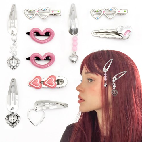YAEISM 10PCS Heart Hair Clips Y2K Silver Hair Clips Metal Dangle Heart Gothic Barrettes 8 Shapes Cross Punk Hair Accessories for Women