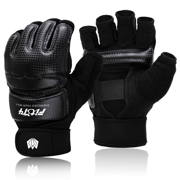 FitsT4 Sports Half Mitts MMA Training Boxing Punch Bag Kickboxing Sparring Grappling Martial Arts Muay Thai Taekwondo Wrist Wraps Support Gloves for Women Men Black L