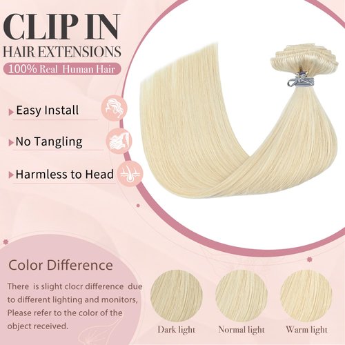 HUAYI Platinum Blonde Hair Extensions, Human Hair Clip in Extensions 70g 15Inch 7pcs Blonde 100% Real Human Hair Clip ins for Women #60