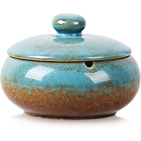 RONXS Ashtray, Outdoor Ash tray for Patio with Lid, Windproof Ashtrays for Cigarettes, Handmade Ceramic Ashtray for Home Office Indoor Decoration